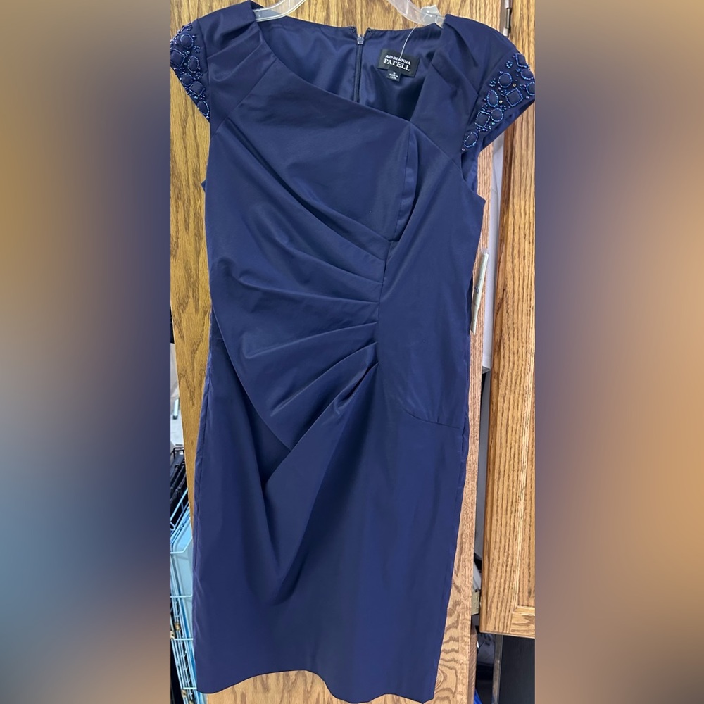 Adrina Pappel Blue Sheath Dress with Puff Cap Sleeves